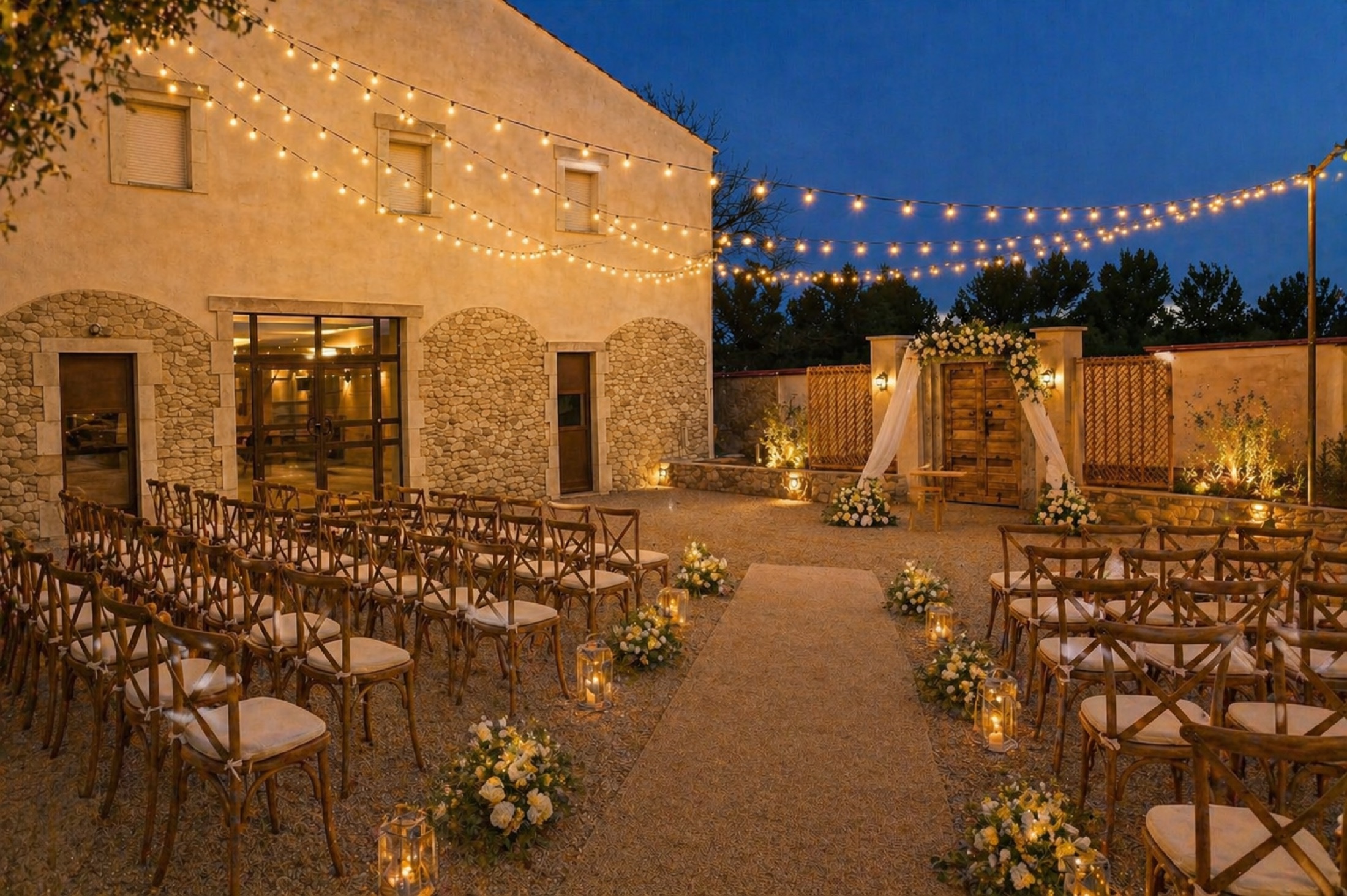 Cérémonie extérieure au coucher du soleil sous les guirlandes lumineuses au Patio Sainte Victoire à Gardanne