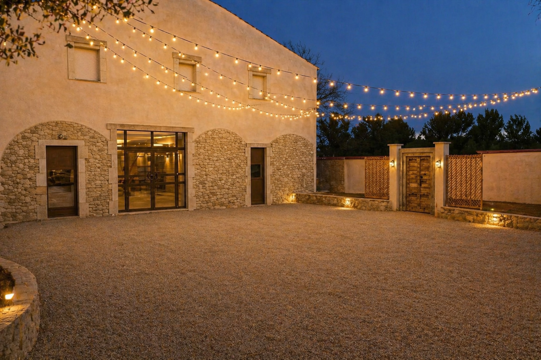 Cour du mas provençal illuminée de guirlandes au crépuscule, Patio Sainte Victoire